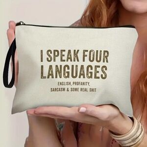 Cosmetic Bag with Bold Text, Beige, NEW